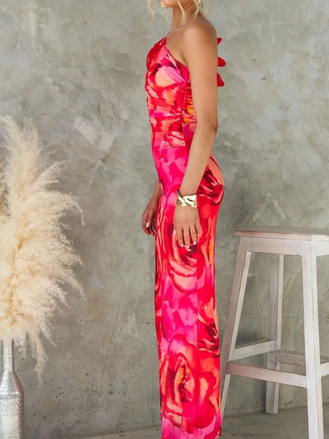 Floral Print One-Shoulder Maxi Dress