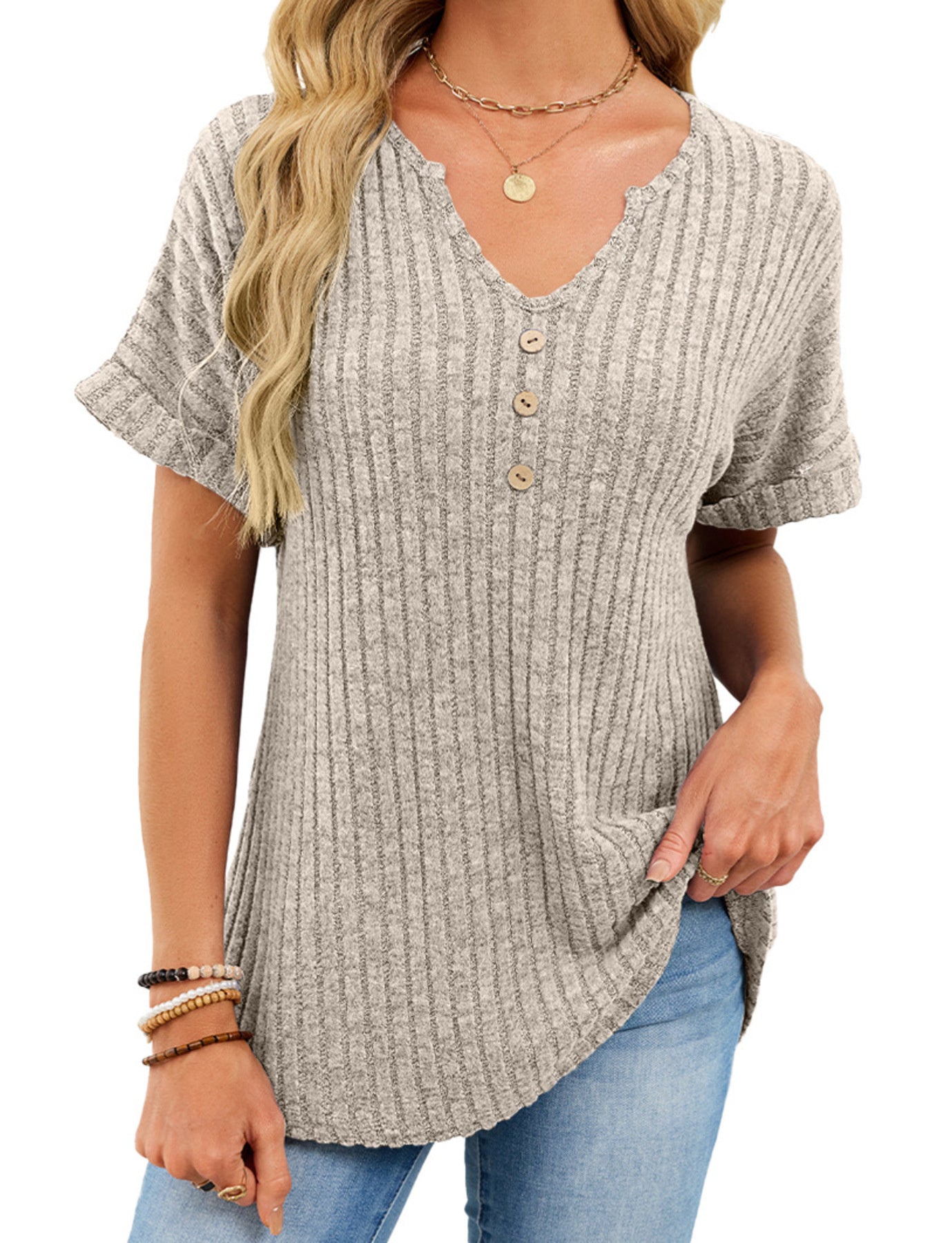 Ribbed Knit Short Sleeve T-Shirt