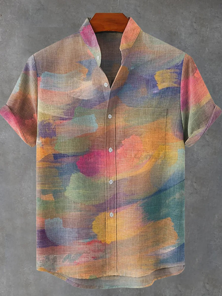 Vintage Gradient Oil Painting Art Print Casual Cotton Shirt