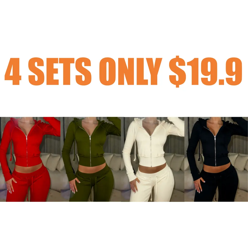 Women's Solid Drawstring Zip Up Crop Hooded Jacket Sets