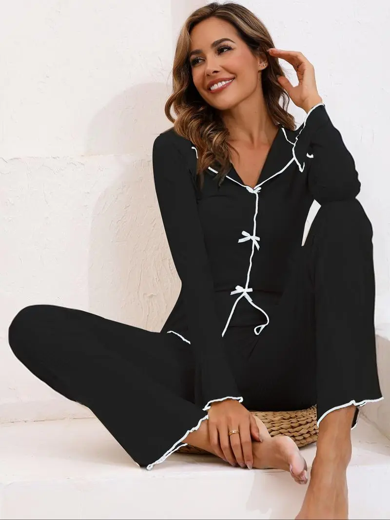 Women’s Cotton Pajama Set, Bow Trim V-Neck Long Sleeve Top & Elastic Waist Pants