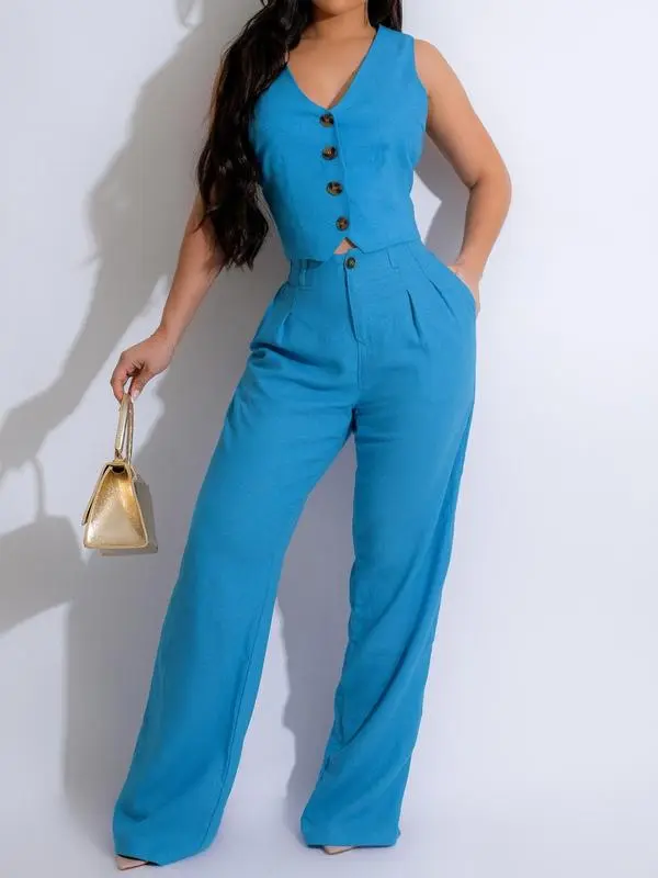 Women's Button Front V Neck Crop Tank Top & High Waist Pants Set