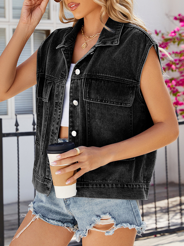Buttoned Pockets Loose Sleeveless Lapel Vest Outerwear