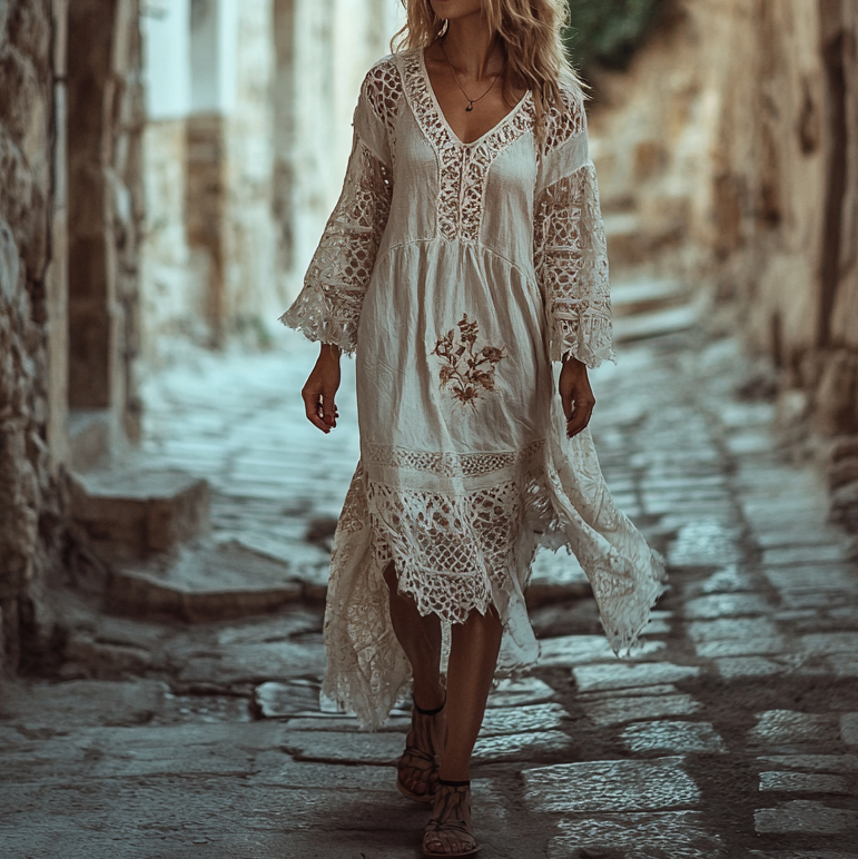 Vintage Loose Linen Patchwork Dress e954