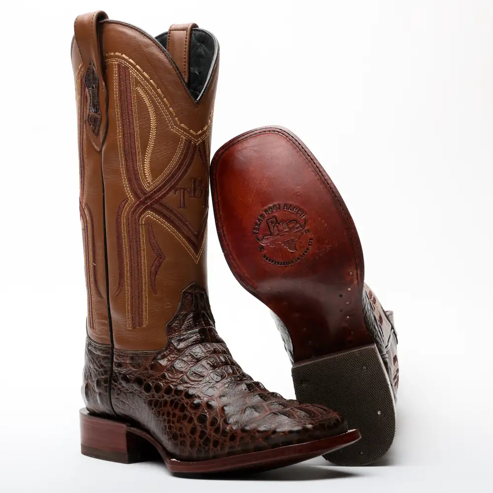 Brown Caiman Neck Leather Boots - Square Toe