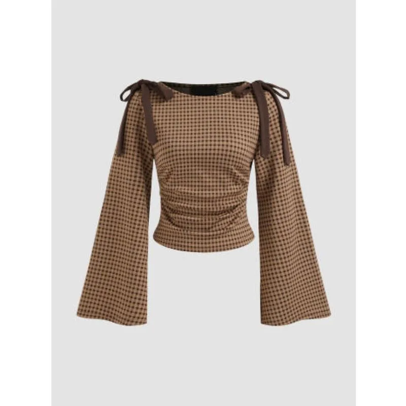 Gingham Bowknot Ruched Long Sleeve Top