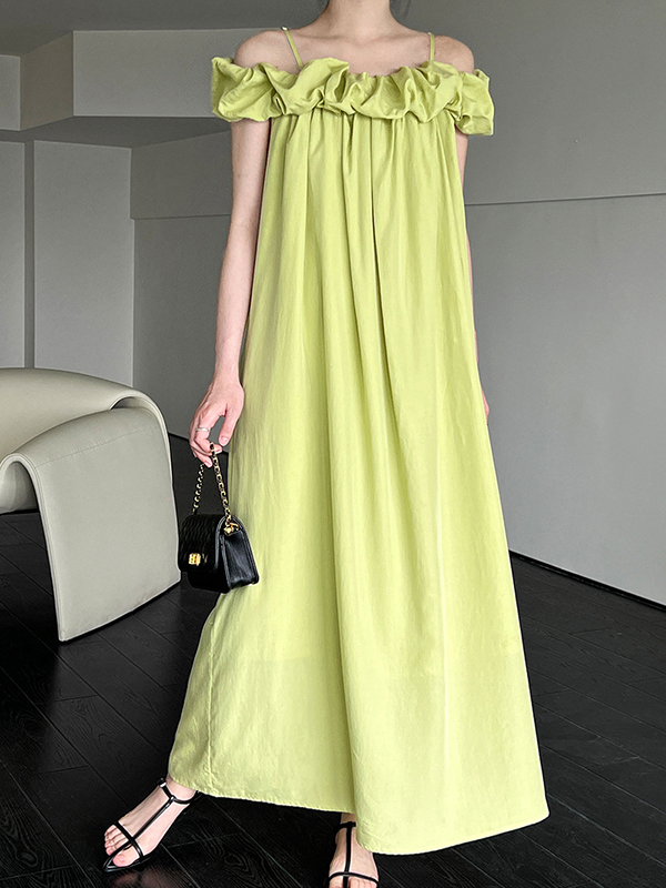 Elasticity Pleated Solid Color Split-Joint Loose Sleeveless Off-The-Shoulder Maxi Dresses
