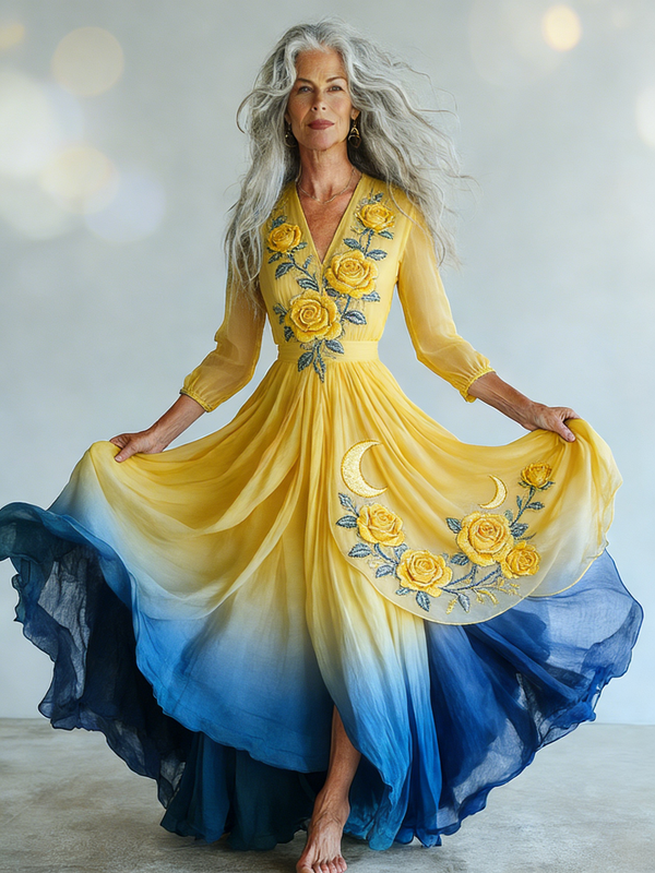 Embroidered Retro Loose Embroidered Printed Contrast Color Dress7516