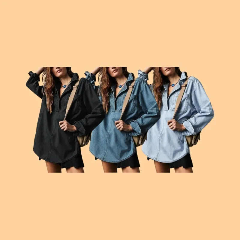 Women's Denim Pullover Casual Loose Fit V Neck Blouse