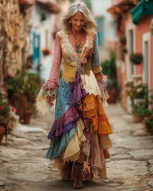 Women's Spring Outdoor Fashion Embroidered Cotton-Linen Blend Dress 7447