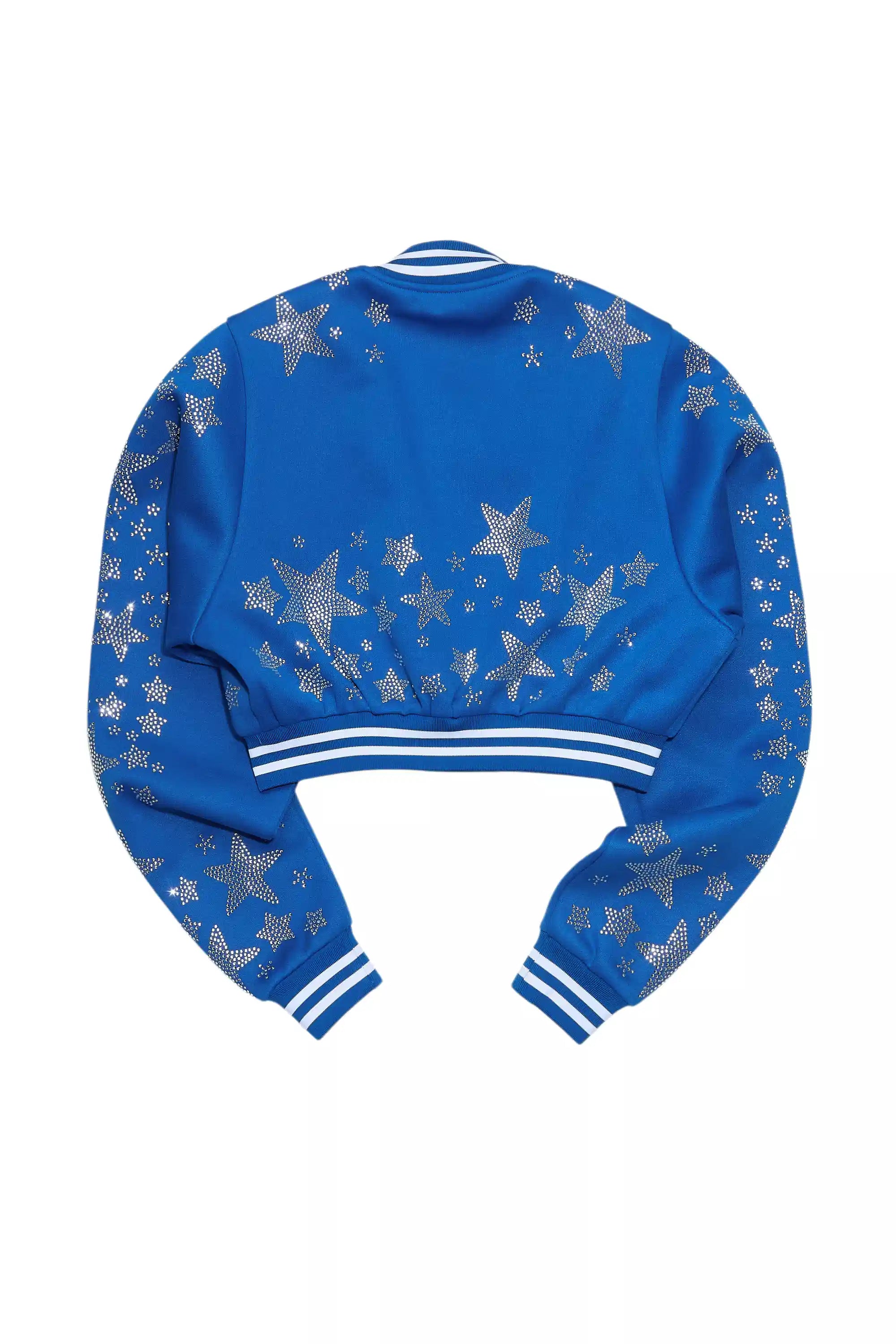 Shanda Royal Blue Crop Rhinestone Varsity Jacket