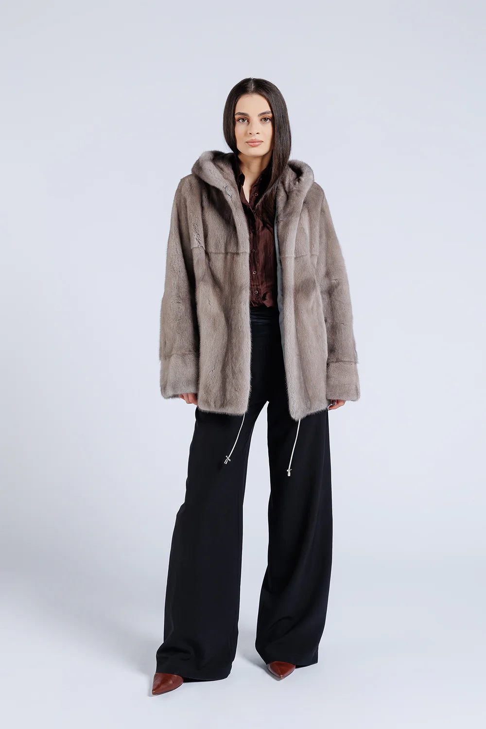 Haină din Blană Naturală de Vizon, cu Glugă, Femei, Silver Blue 206