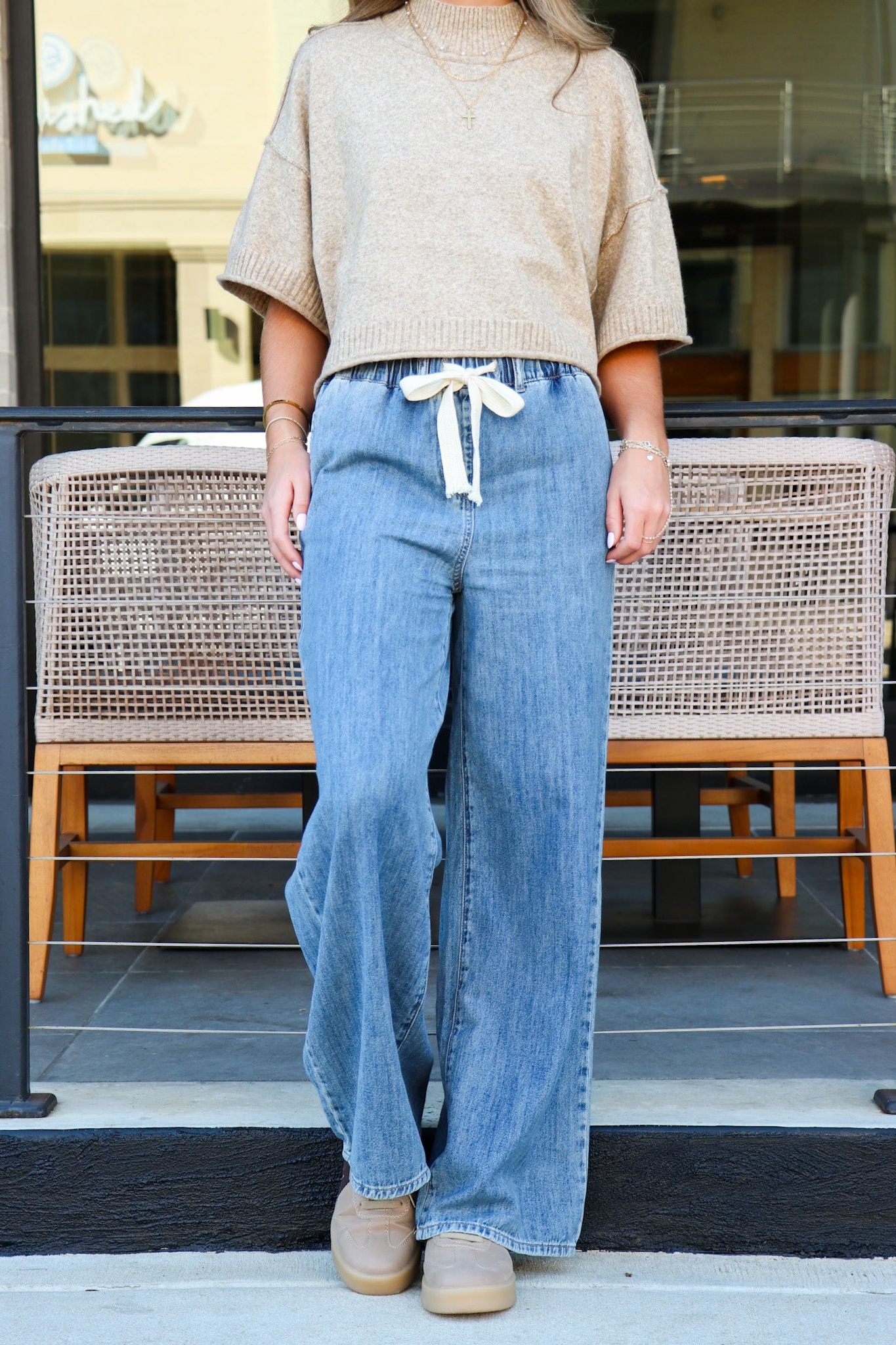 Luxe Leisure Drawstring Elastic Waist Denim Pants