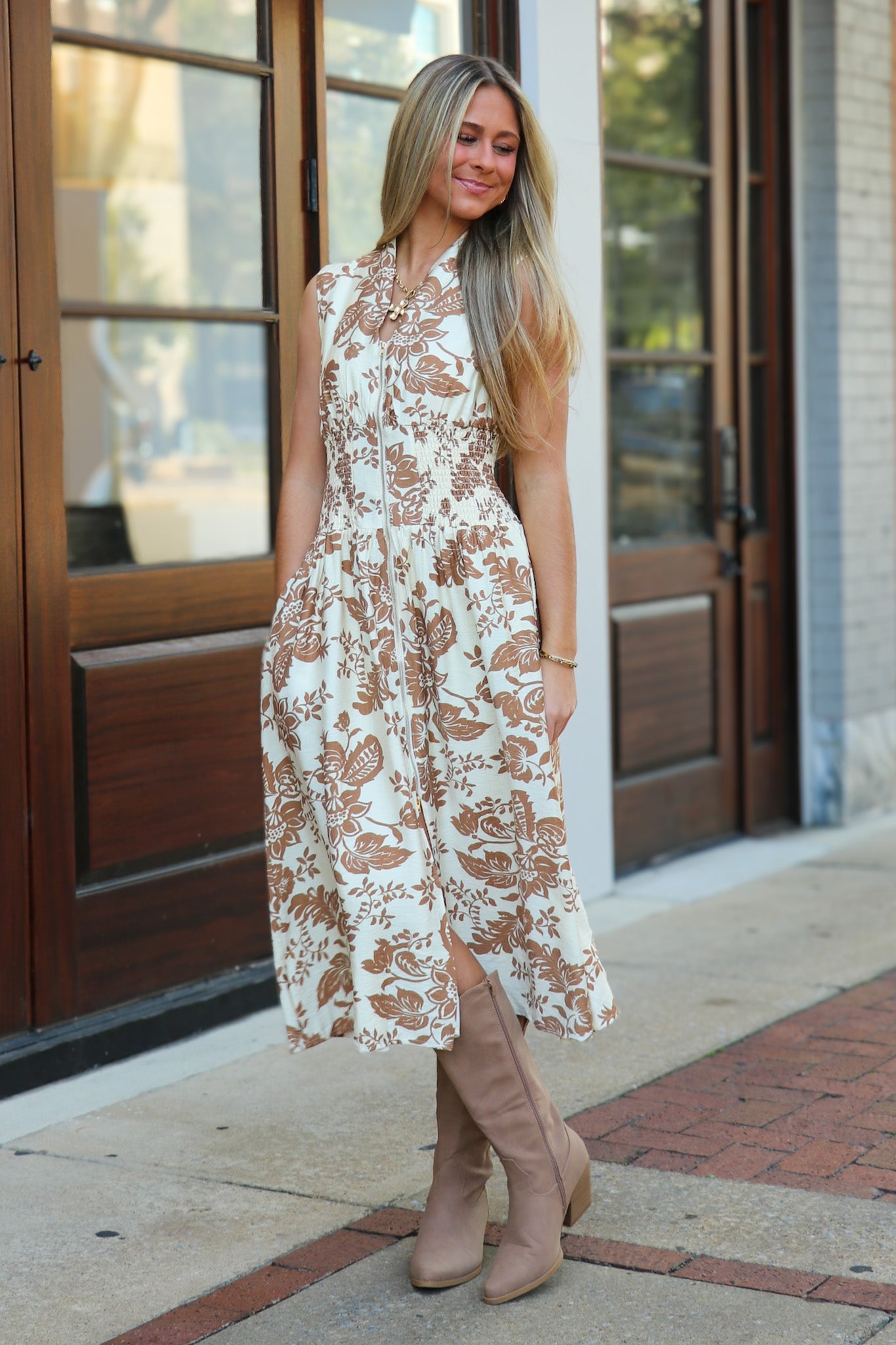 Paisley V-Neck Smocked Waist Zip Front Midi Dress