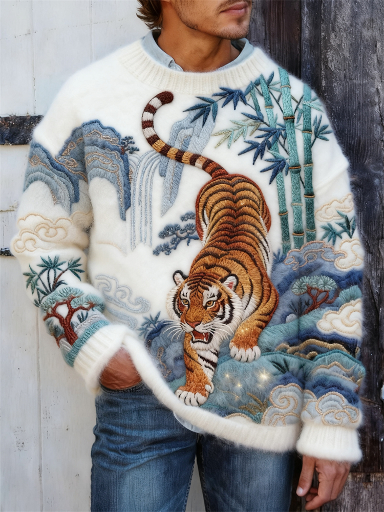 Men's Japanese Tiger Landscape Embroidered Cozy Knit Sweater