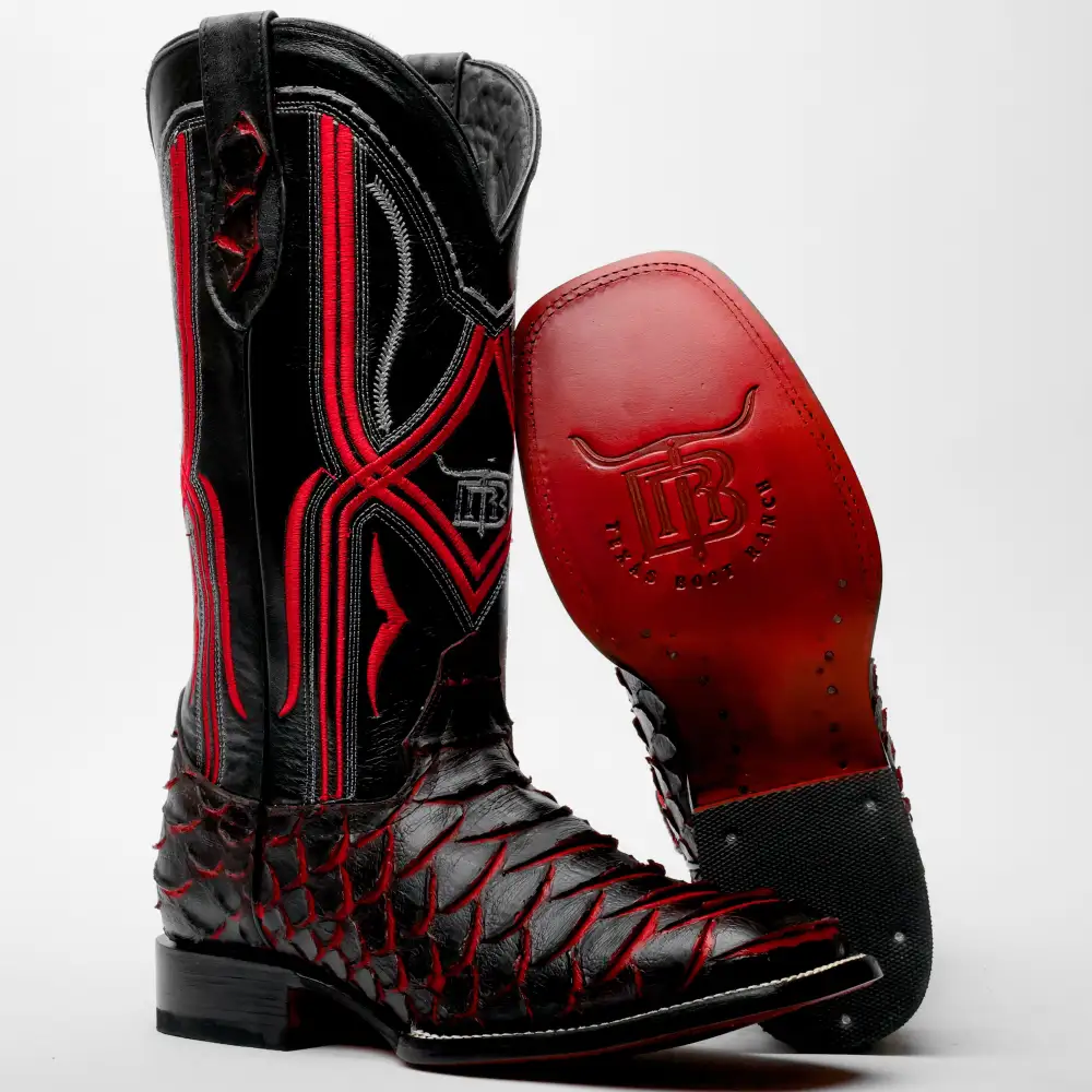 Black/Red Jumbo Python Leather Boots - Square Toe