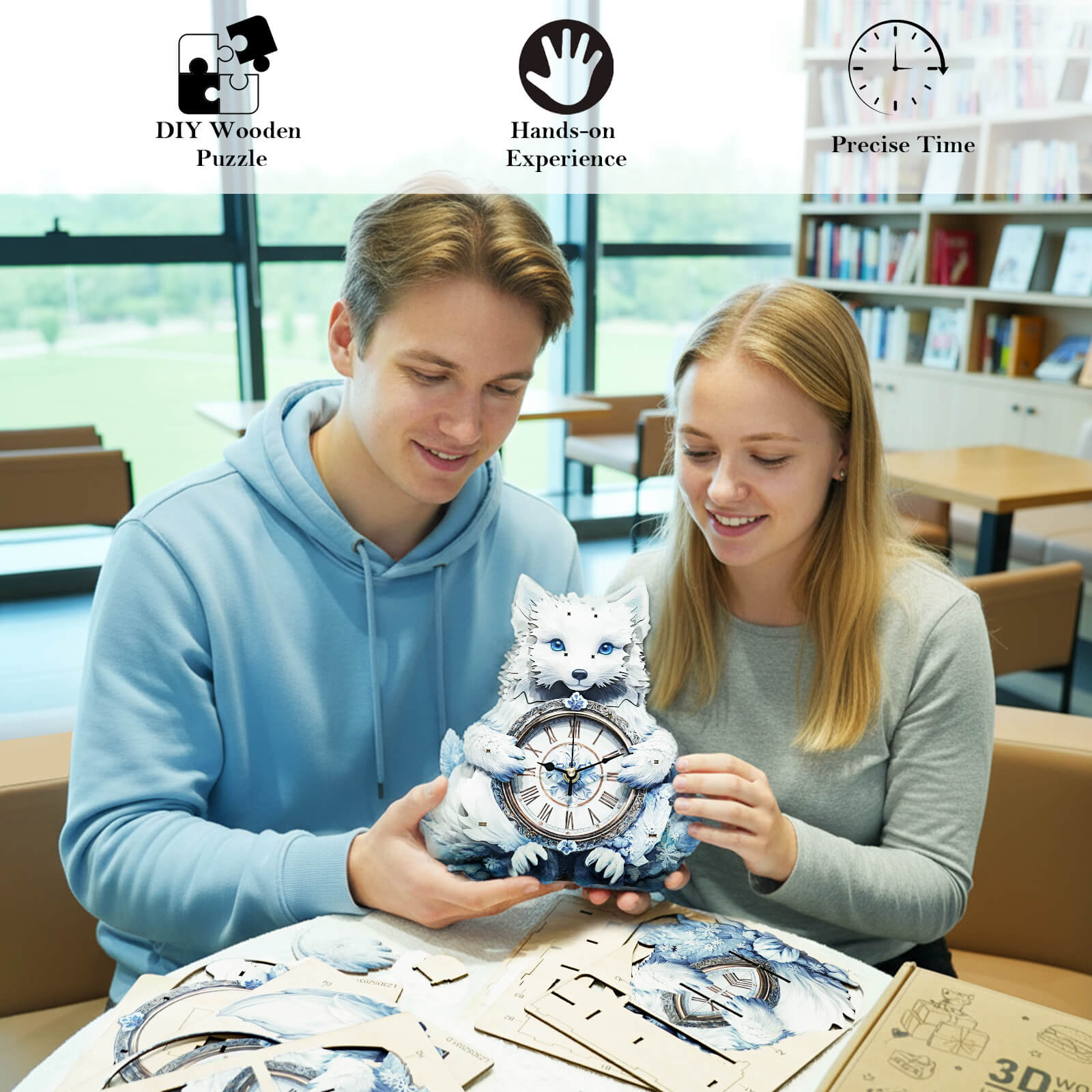 Arctic Foxâ€“ DIY Wooden Clock, 3D Puzzle Craft Kit