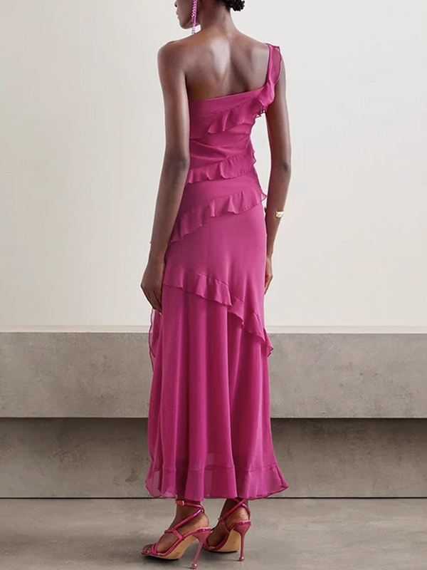 Solid Color Ruffled Asymmetric Sleeveless Elegant Wrap Maxi Dresses