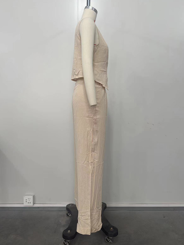 V-Neck Vest Loose Sleeveless Buttoned Solid Color Top + Split-Joint Pleated Pockets Pants Bottom Two Pieces Set