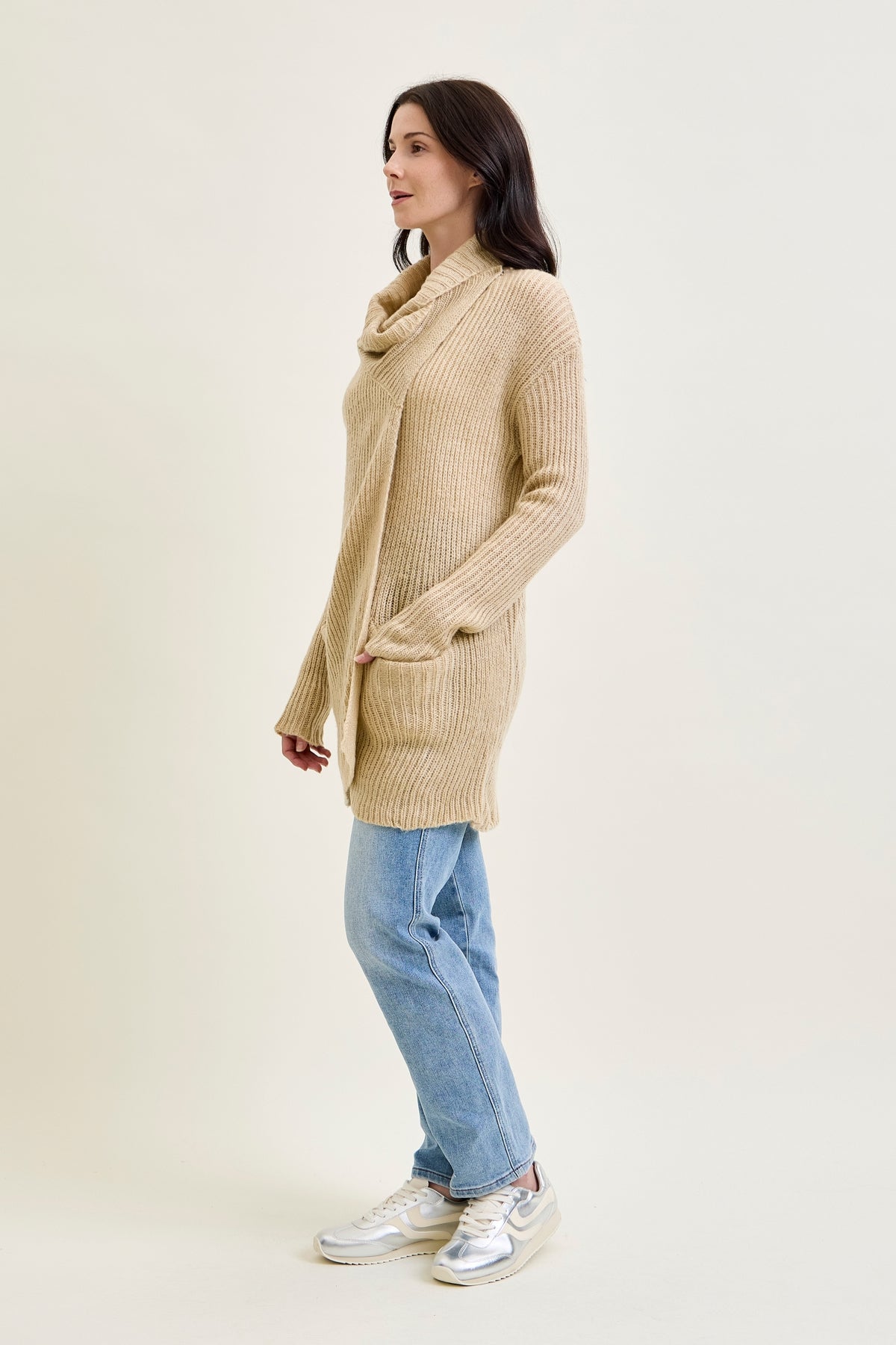 Drape Front Cardigan Beige Sweater