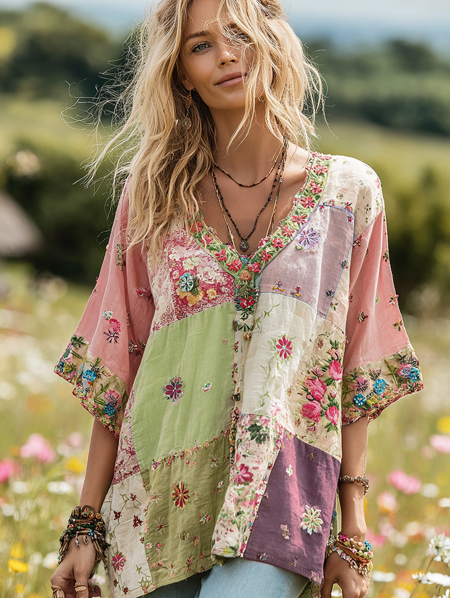 Women's Vintage Floral Print V-neck T-shirt