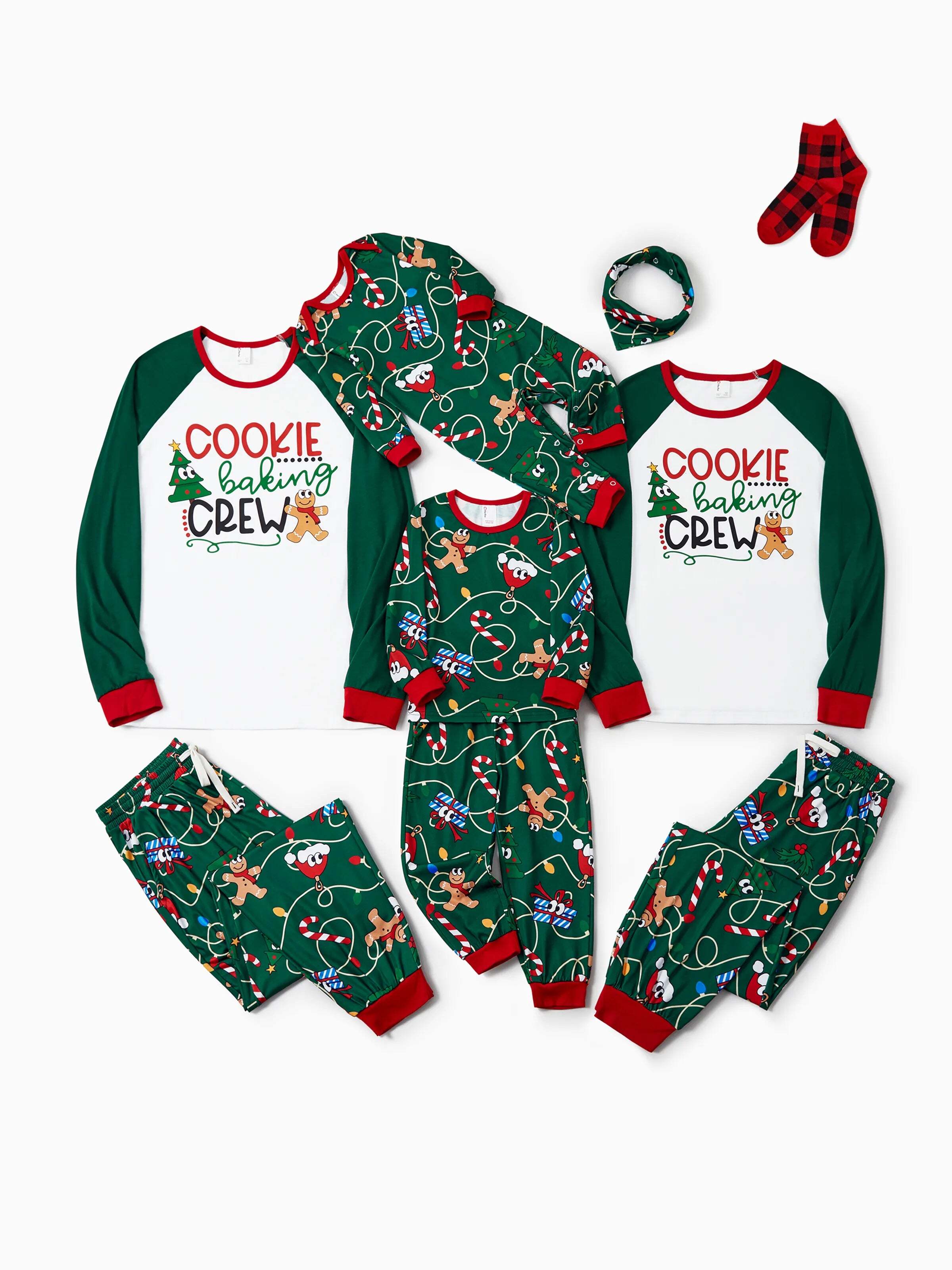 Christmas Matching Family Pajamas Set Gingerbread and Christmas Tree Green and White PJS with Christmas Socks Dark Green