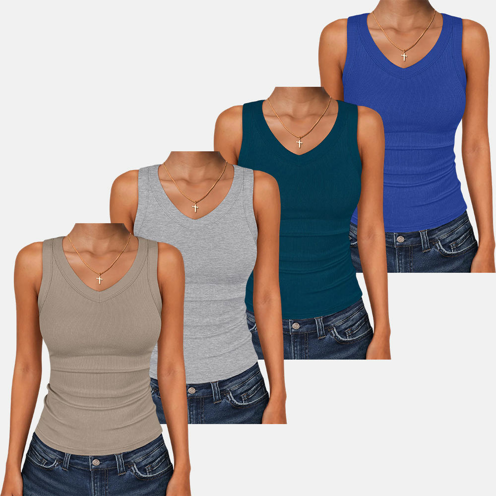 Tank Tops for Women V Neck Ribbed Knit Slim Fitted Sleeveless Tee – 2026 Summer Casual Basic Tanks
