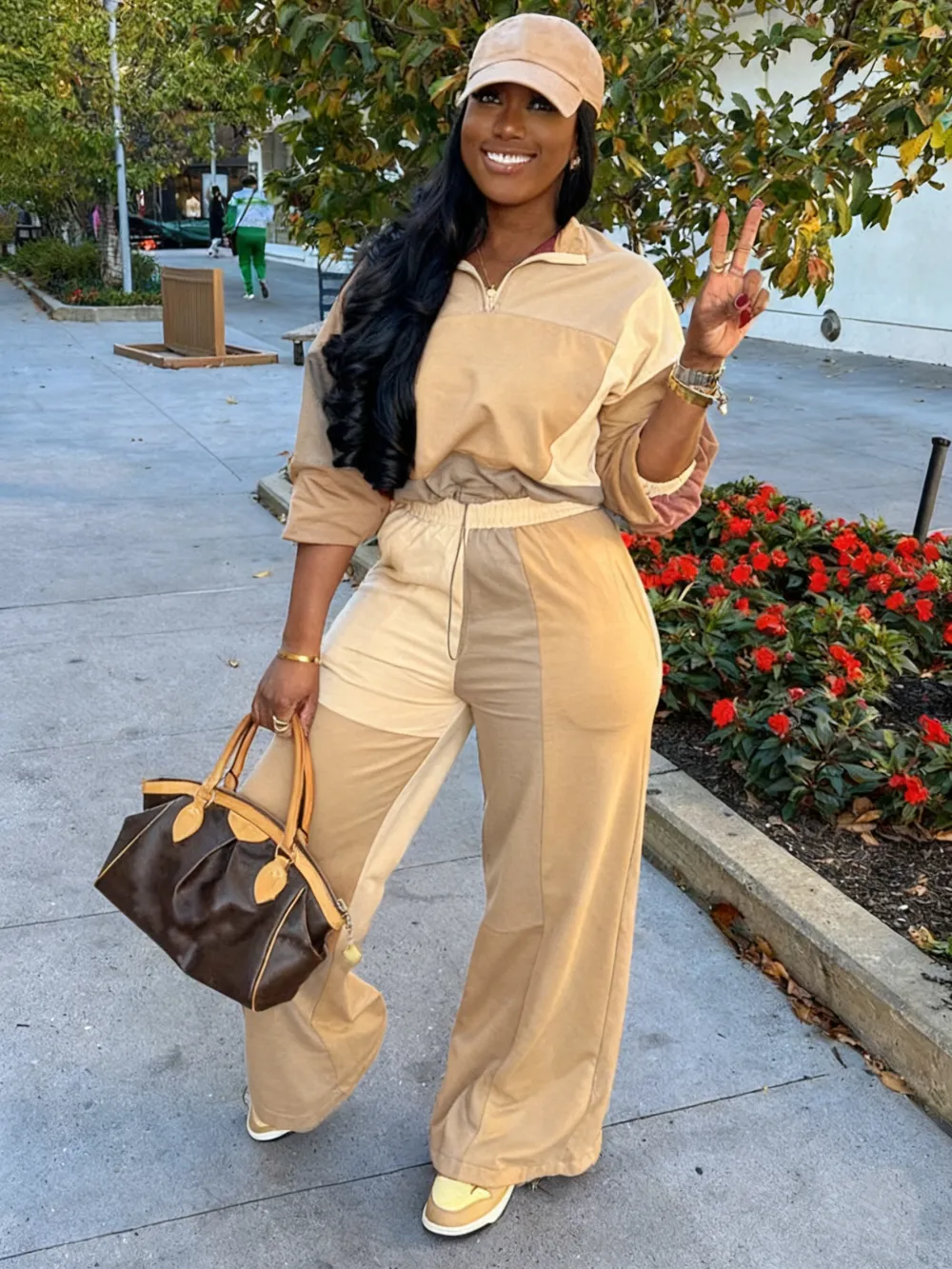 2-piece Set Women's Colorblock Zip Up Jacket & Wide Leg Pants