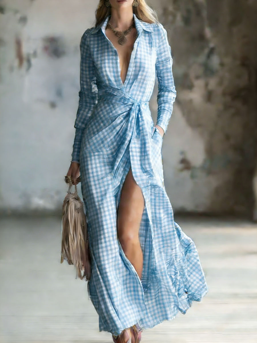 Women's Small Check Multi-color Linen-cotton Blend Long Dress