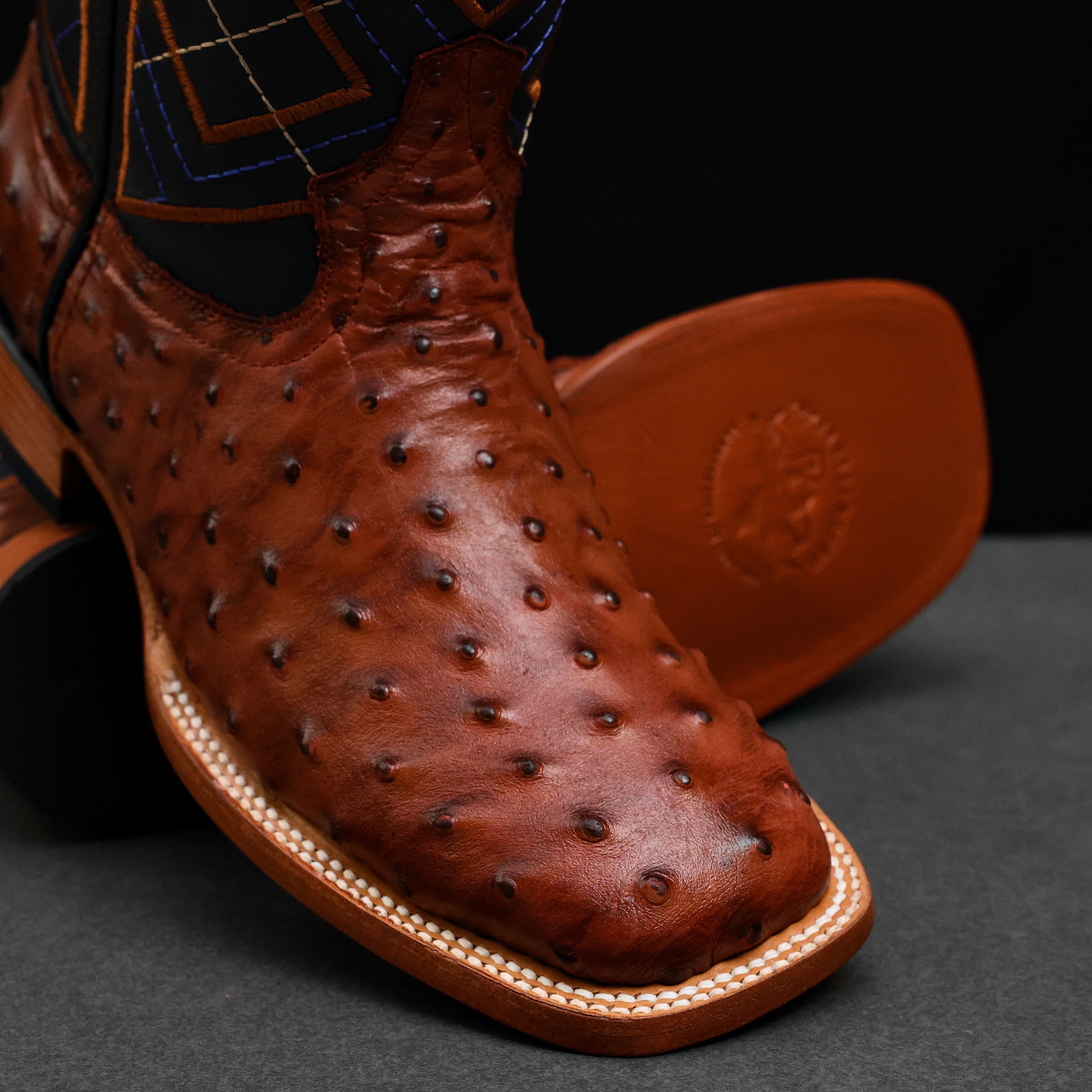 Cognac Ostrich Leather Boots - Square Toe