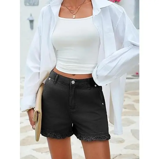 Women's Summer Ruffled Denim Shorts — Cute High-Waisted, Pure Cotton Denim Shorts with Pockets