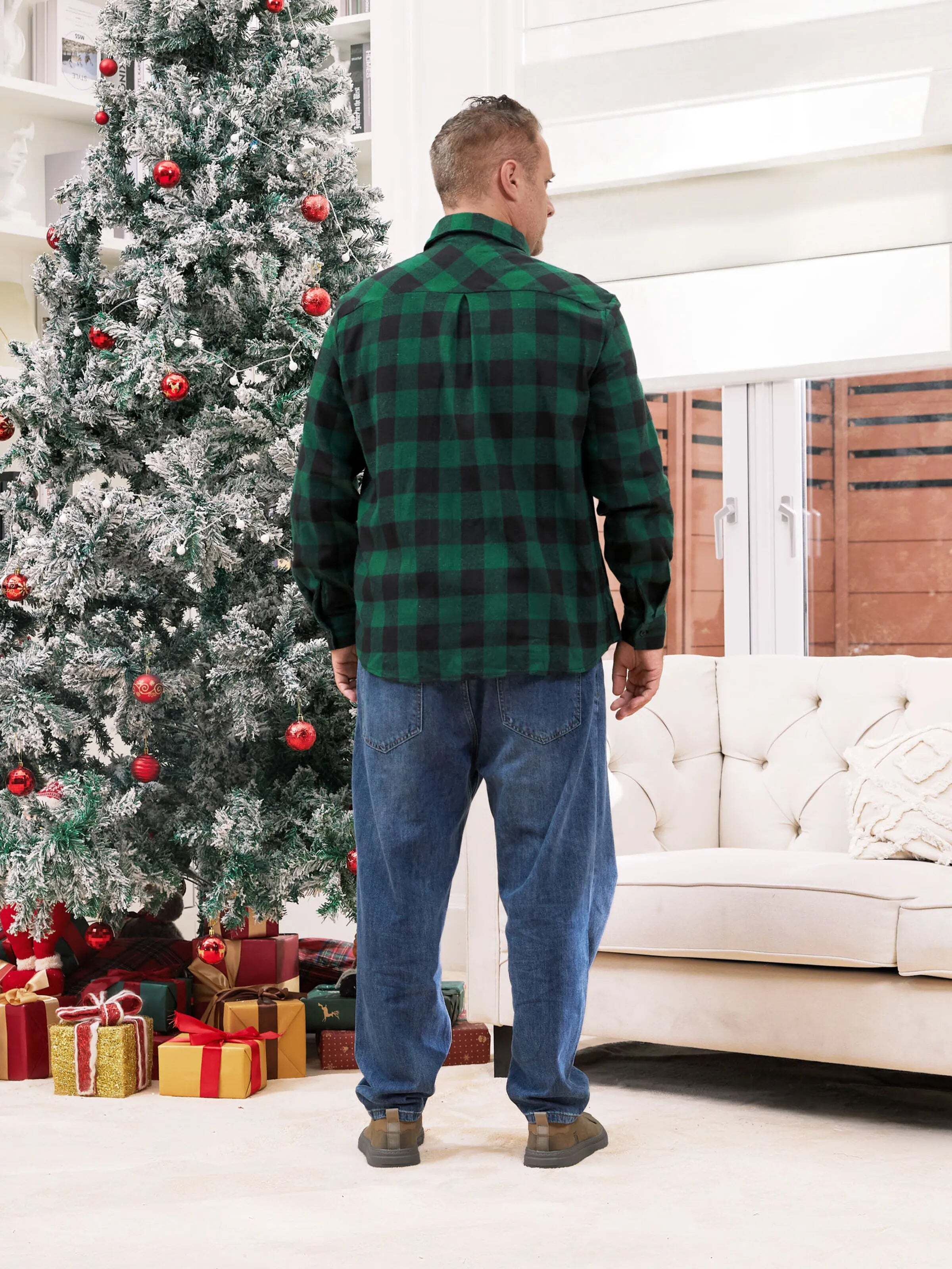 Family Matching Sets Green Plaid Long Sleeves Shirt or Tulle Mesh Dress DarkGreen