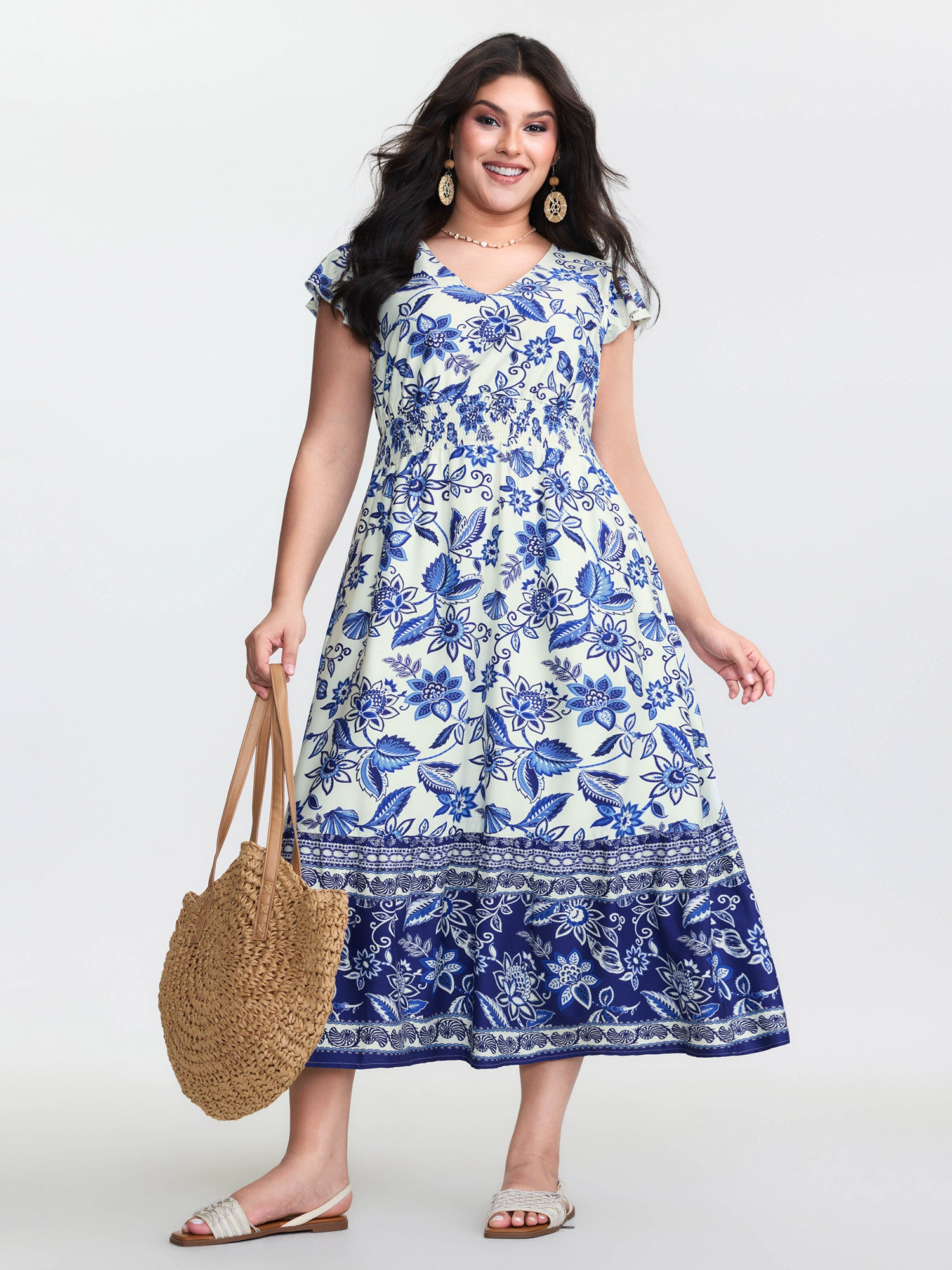 Floral Print Ruffled Sleeve Embroidered Midi Dress