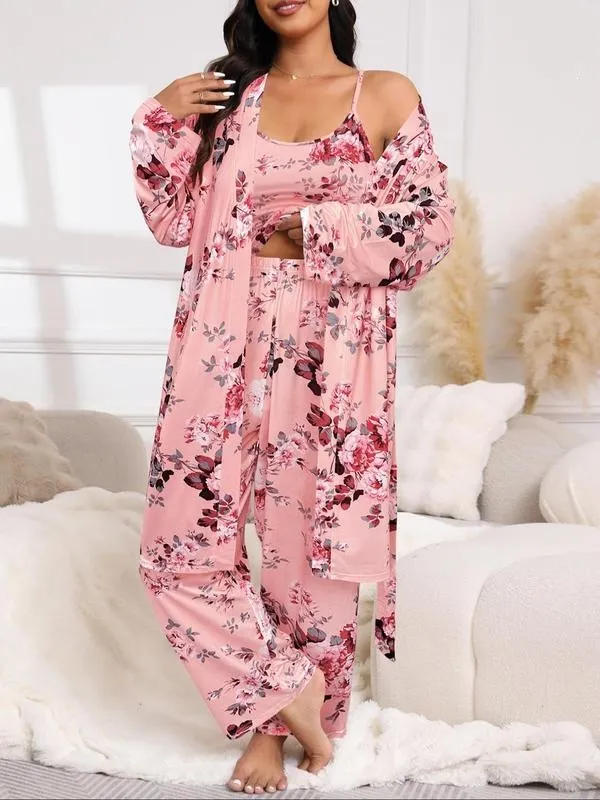 3-Piece Set Floral Print Belted Lounge Robe & Cami Top & Elastic