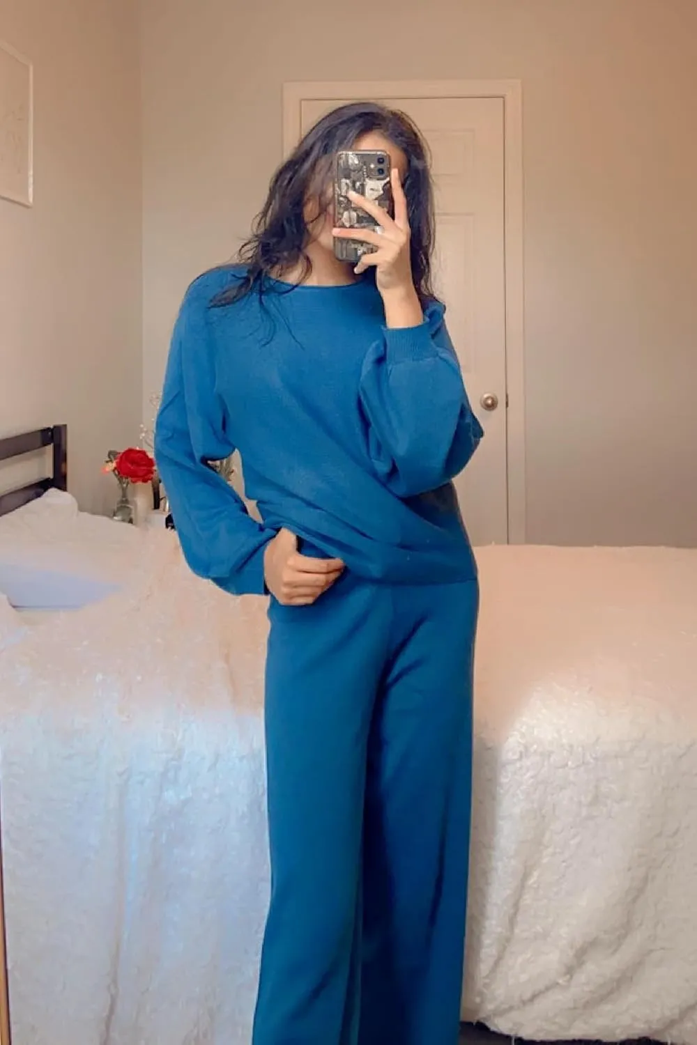 Womens Fall Winter Casual Solid Knitted 2 Piece Sets Long Sleeve Hoodie