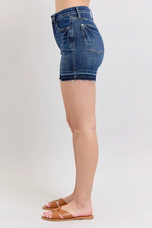 Blue High Waist Tummy Control Destroy Release Hem Denim Shorts