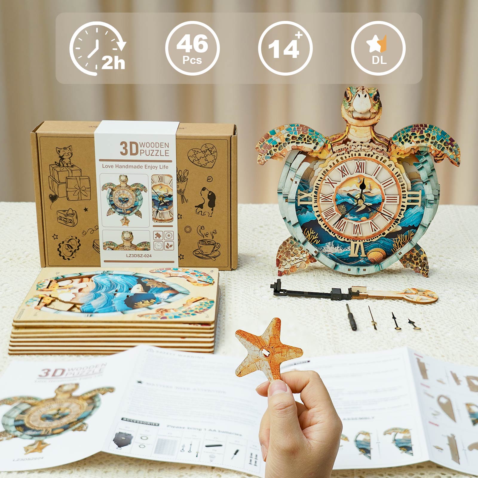 Sea turtlesâ€“ DIY Wooden Clock, 3D Puzzle Craft Kit