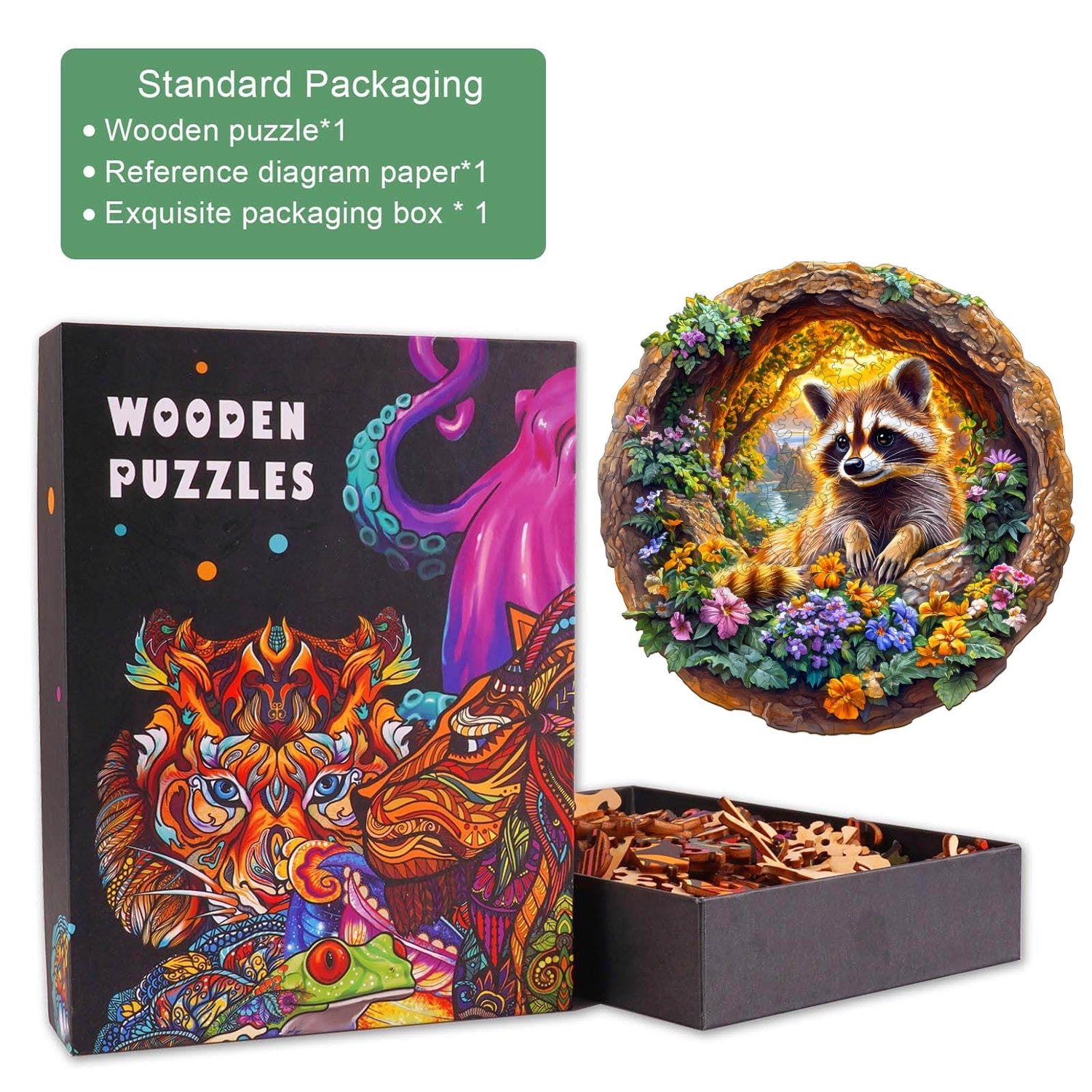 3D Raccoon on Vacation Wooden Jigsaw Puzzle