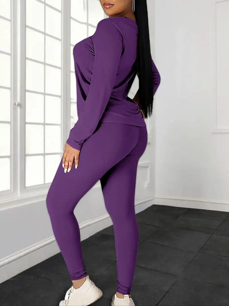 Women's Minimalist Chic Solid Long Sleeve Tee & Elastic Waist Pants Set