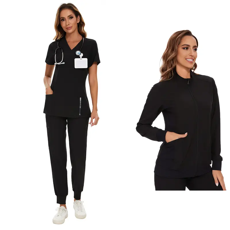 COZYFIT Scrubs for Women Set and Jackets - Stretch V-Neck Scrub Top & Jogger Pant, Zip Front Nurse Jacket SpringStatements