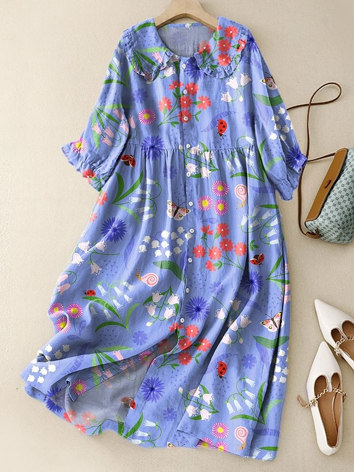 Women's Vintage Colorful Floral Pattern Art Print Casual Cotton And Linen 3/4 Sleeve Shirt
