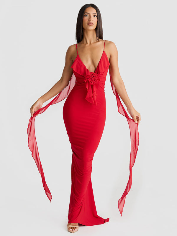 Deep-V 3D Flower Strappy Backless Fishtail Dress
