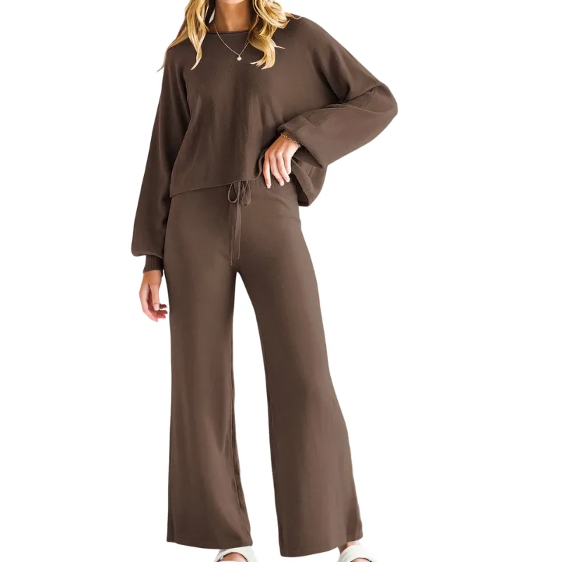 Womens Fall Winter Casual Solid Knitted 2 Piece Sets Long Sleeve