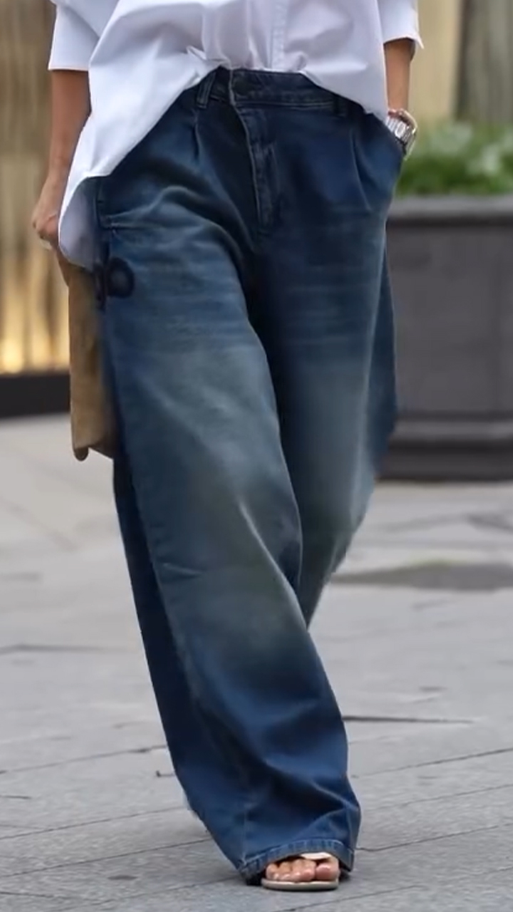 Women V-neck Shirt + Washed Jeans Casual Set