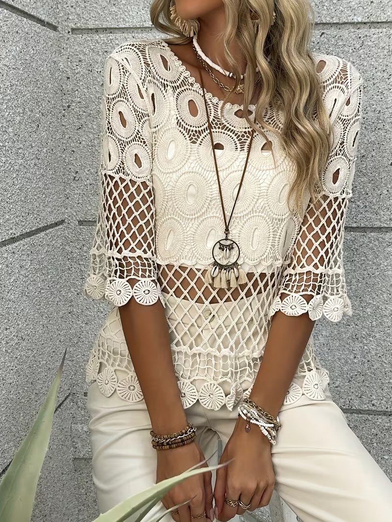 Women's Bohemian Openwork Mesh Knit Top