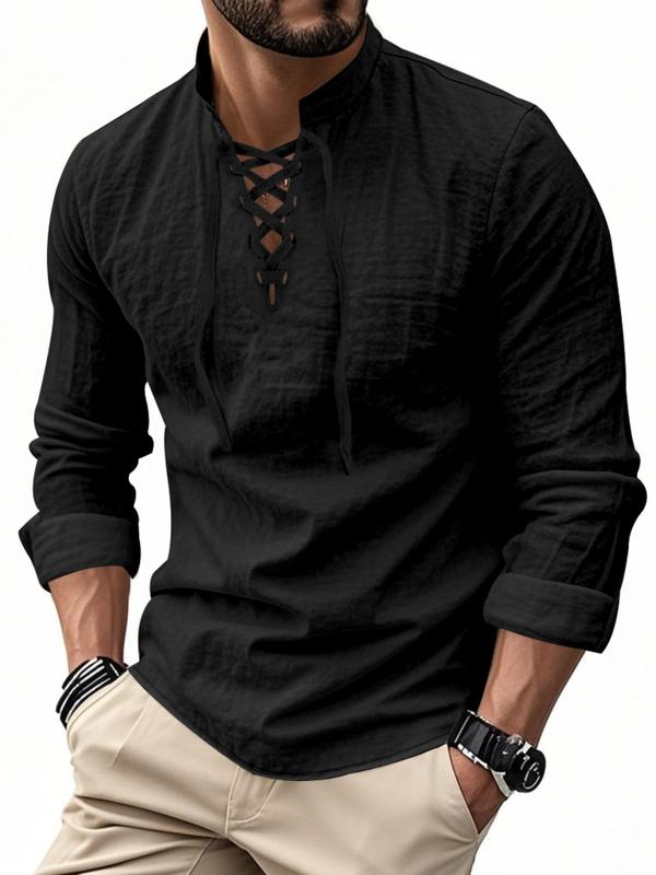 Men’s Lightweight Linen Long Sleeve Shirt with Drawstring Stand Collar
