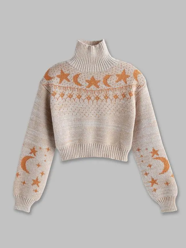 Women's Moon & Star Pattern High Neck Sweater