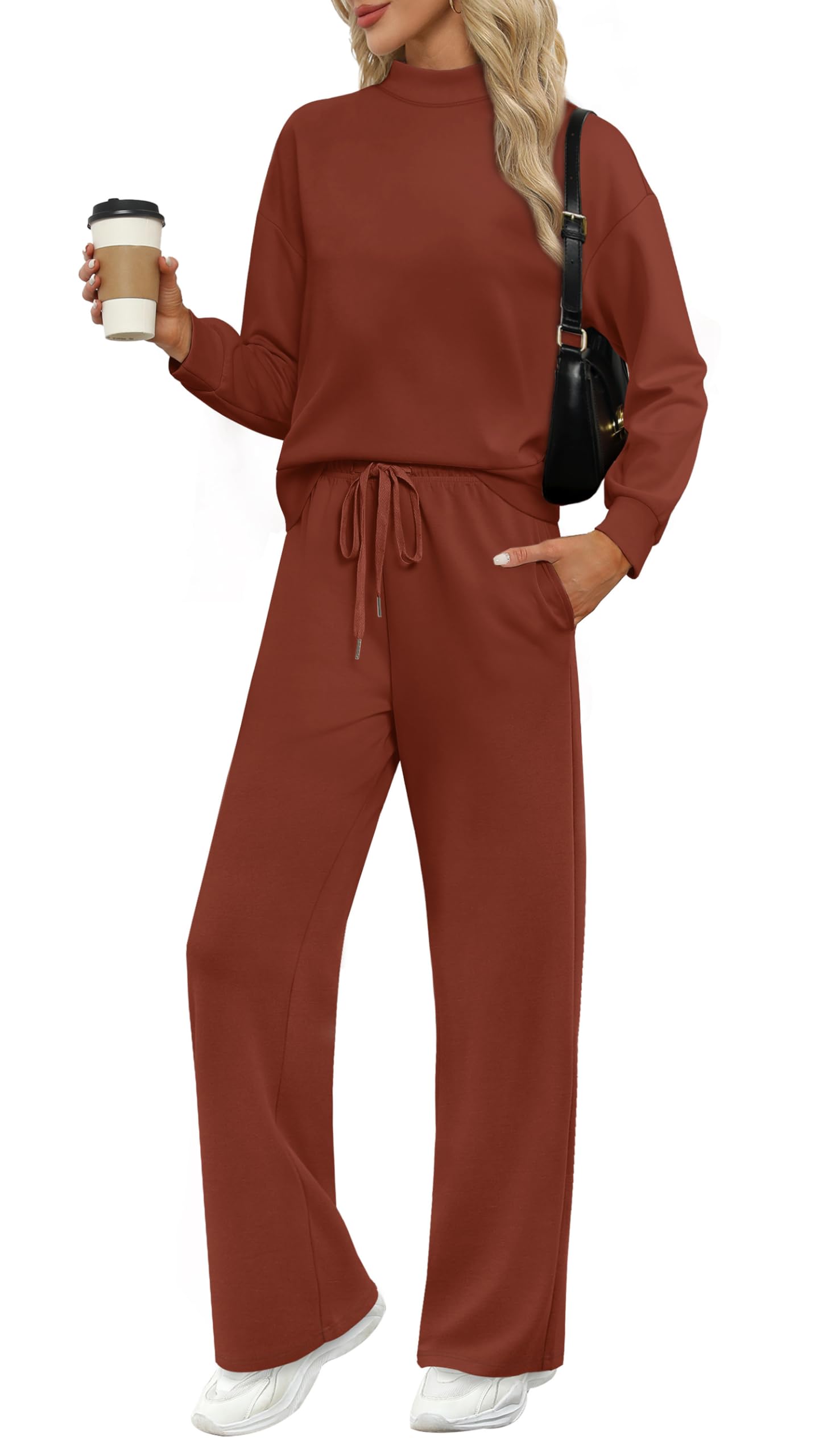 WIHOLL Two Piece Sets for Women Fall Outfits Lounge Sets Mock Neck Tops Wide Leg Pants Vacation Travel Airport Outfits