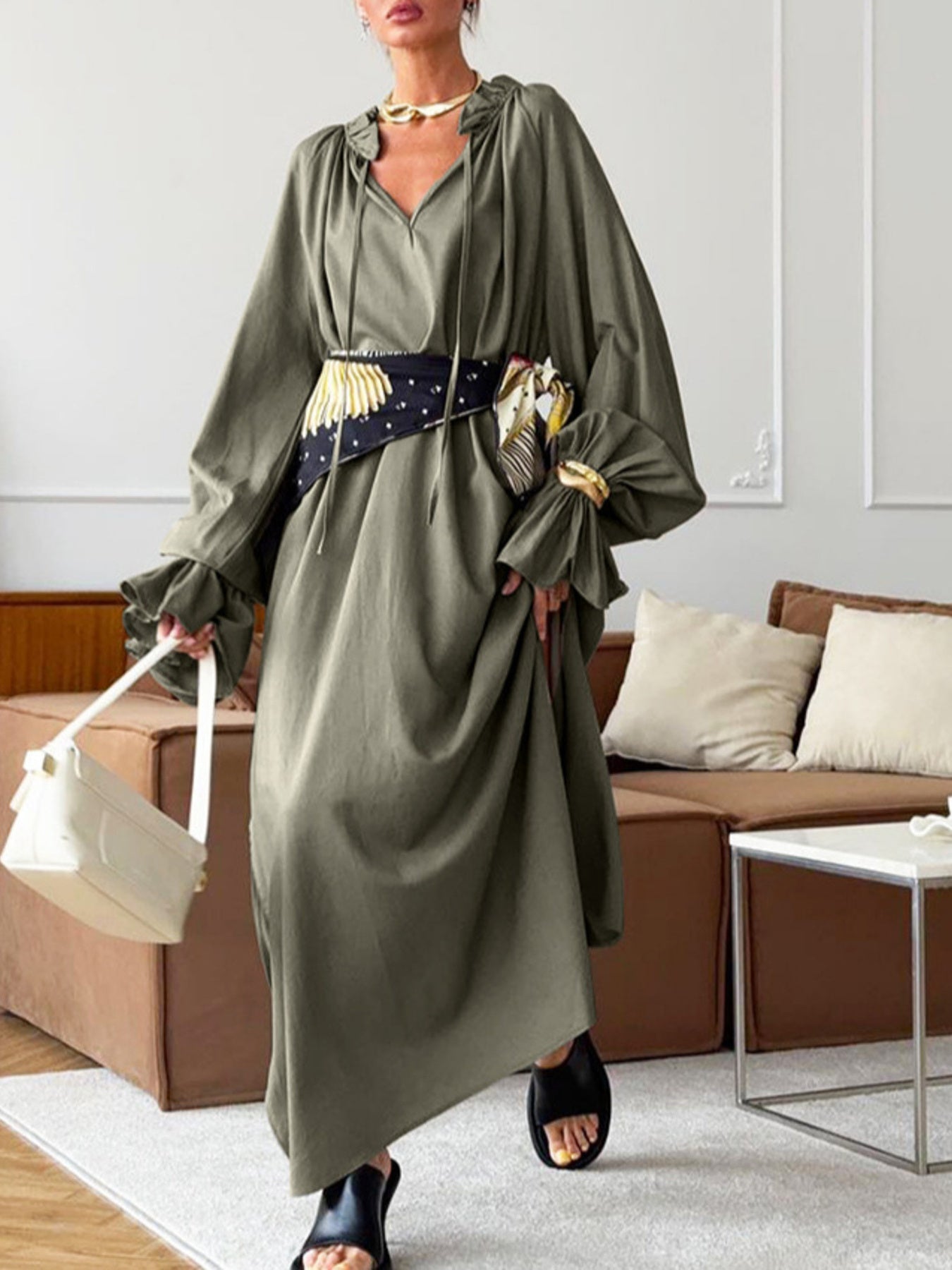 Tie Neck Flounce Sleeve Maxi Dress