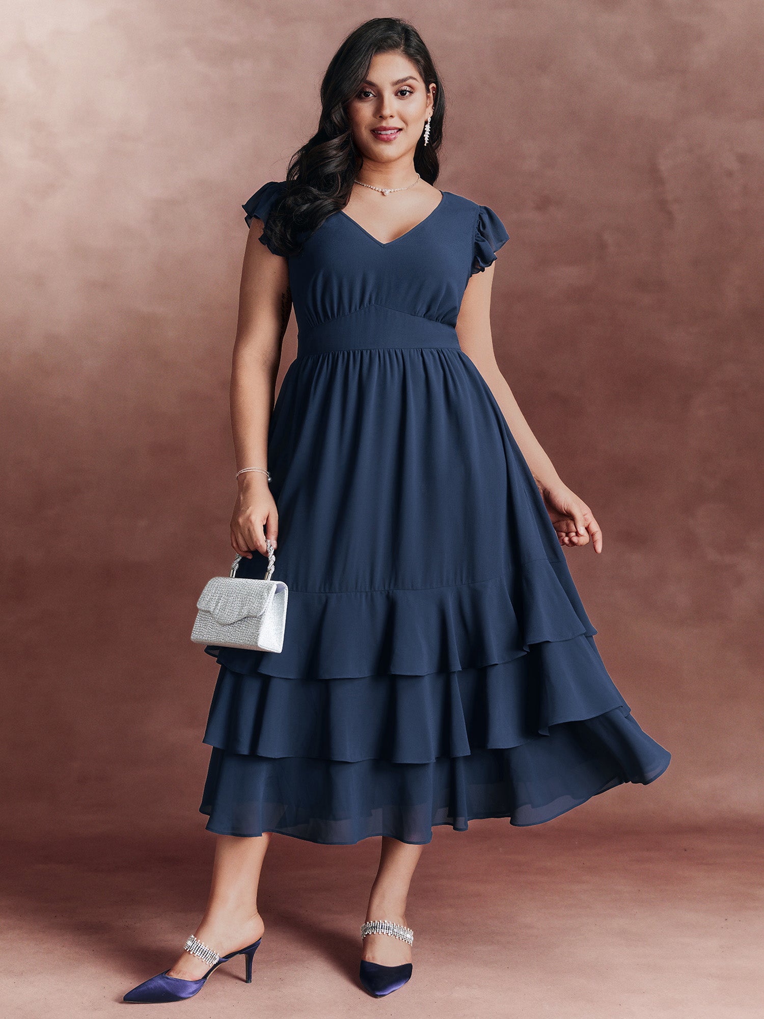 Backless Tie Layered Hem Flutter Sleeve Maxi Dress